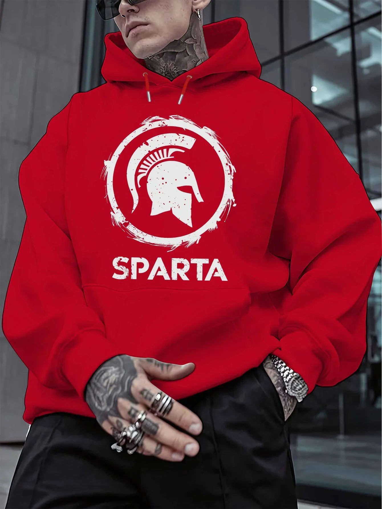 Men Sparta Warrior Helmet Distressed Graphic Hoodie Vintage Long Sleeve Loose Hip Hop Casual Streetwear Pullover Sweatshirt