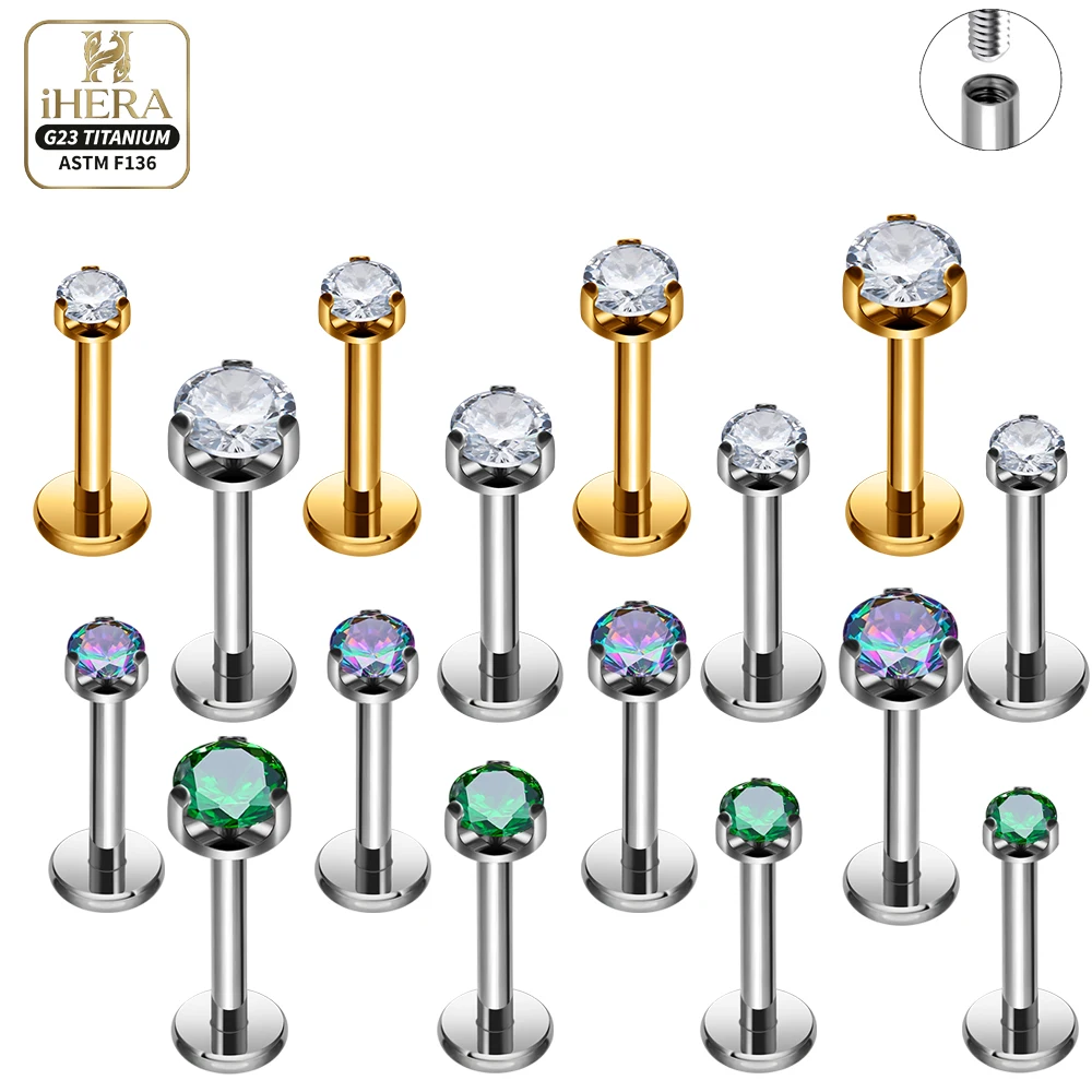 ASTM F136 Titanium Round Prong Sparkly CZ Internally Threaded Labret Lip Monroe Conch Tragus Piercing Body Jewelry Wholesale