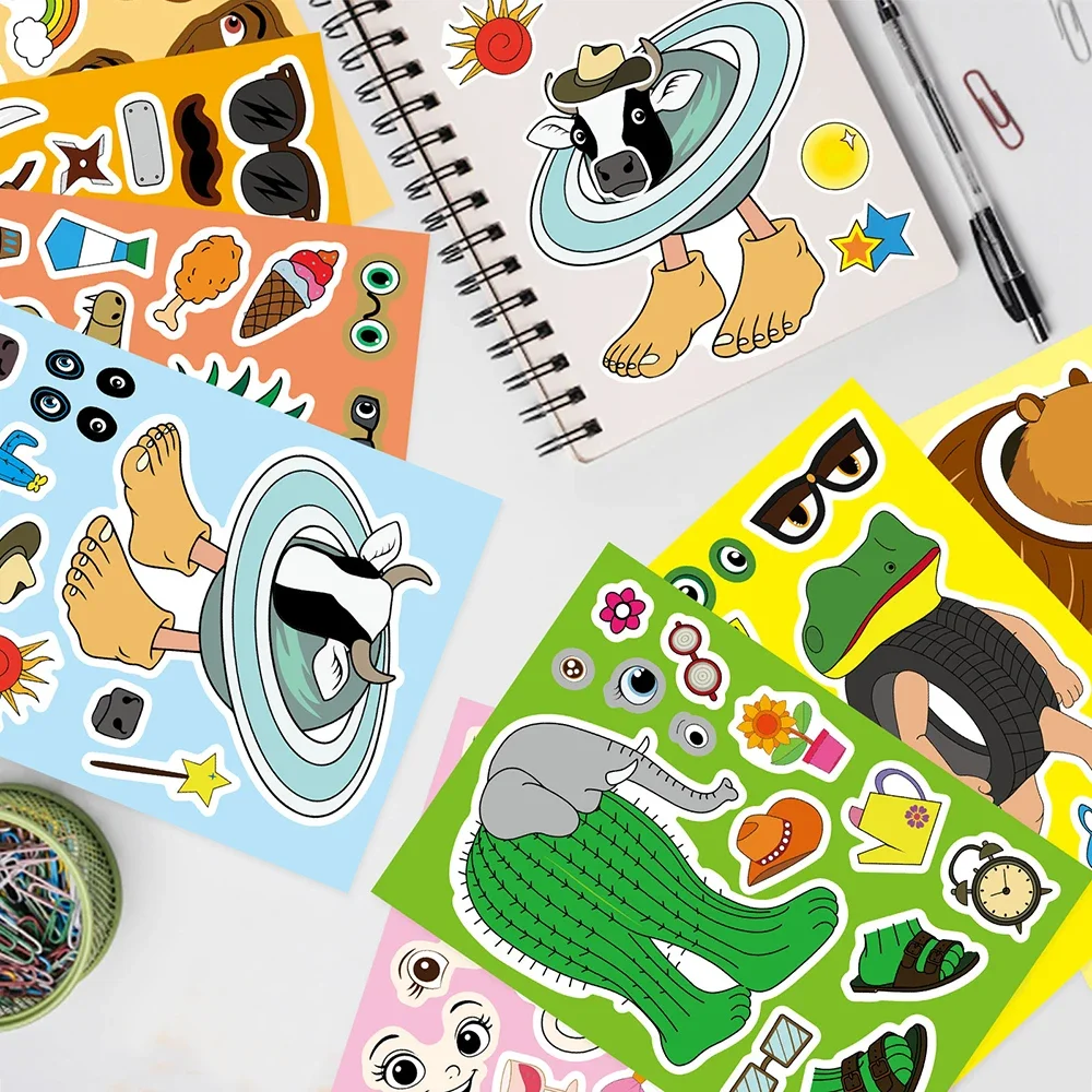 8/16Sheets Abstract Animal Make a Face Puzzle Stickers Tung Tung Sahur Italian Brainrot Animals Decal Assemble Jigsaw Kid Toys