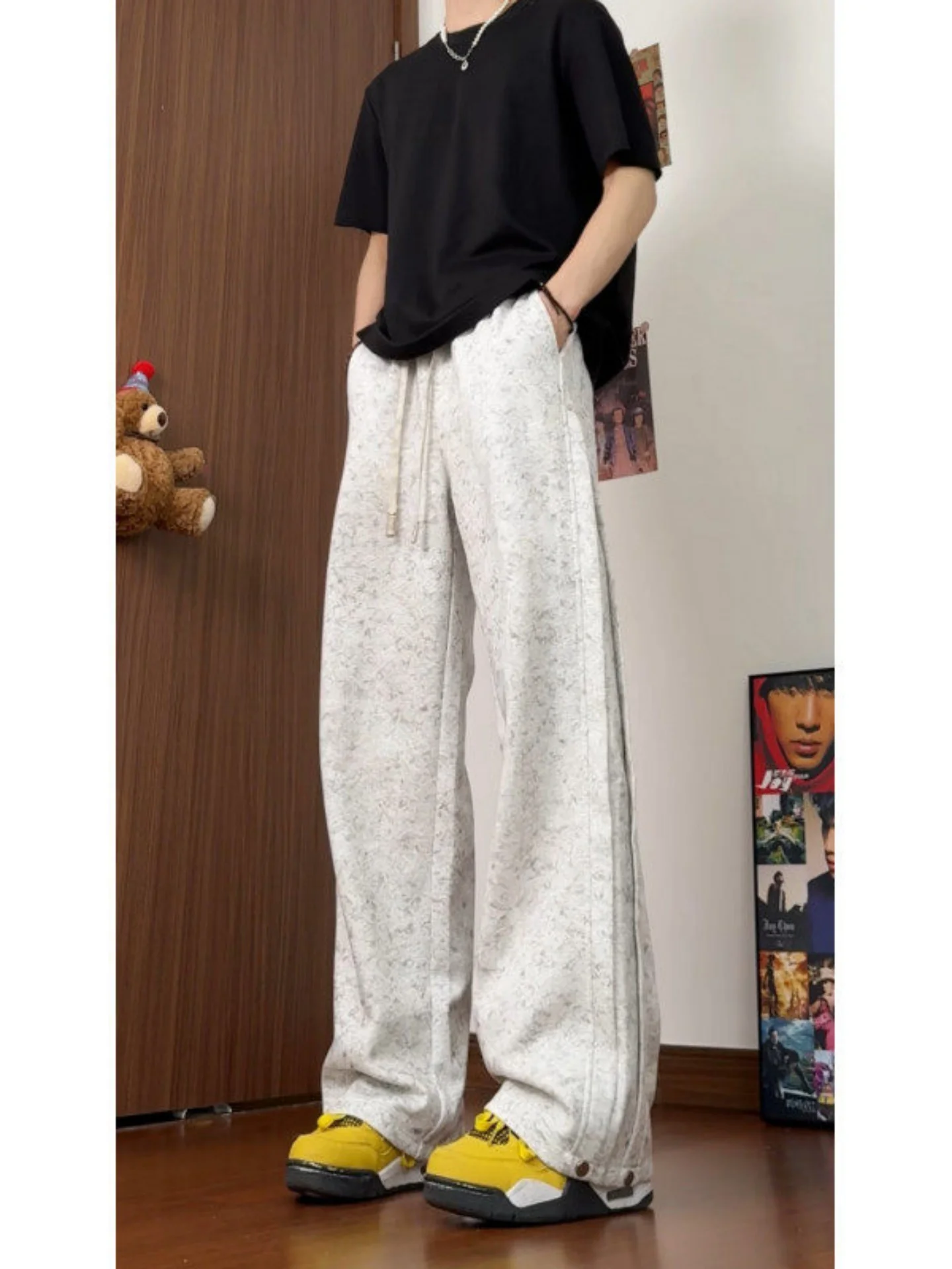 

Retro American Dyed Sweatpants Men's Side Pleat Deconstructed Spor Straight Leg Trousers Trendy Autumn Casual Pants