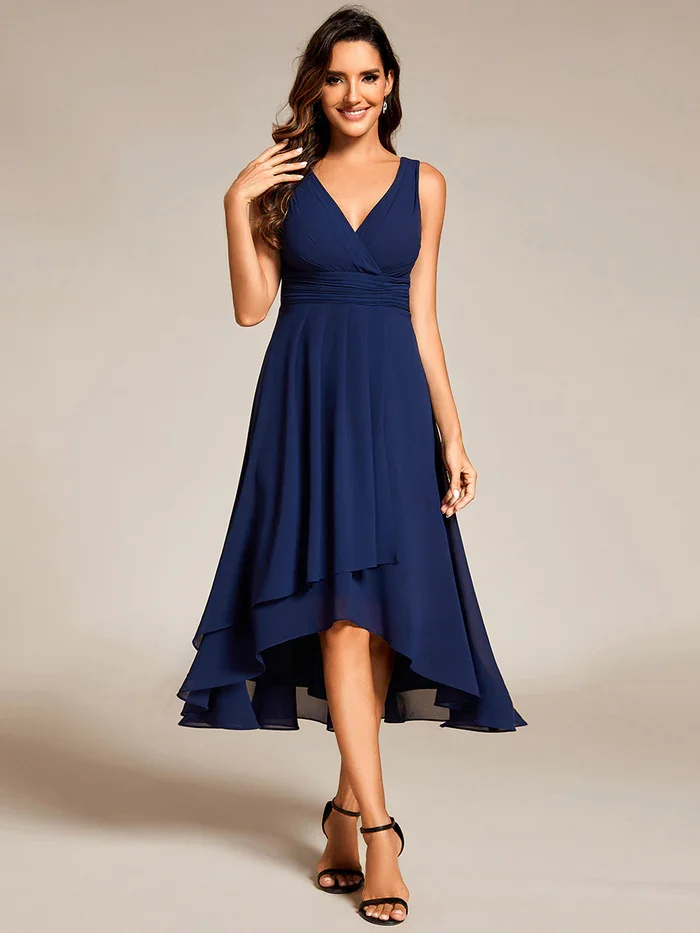 Ever Pretty Women Elegant Asymmetric V Neck Sleeveless Strapless A-Line Pleated Empire Waist Chiffon Dresses