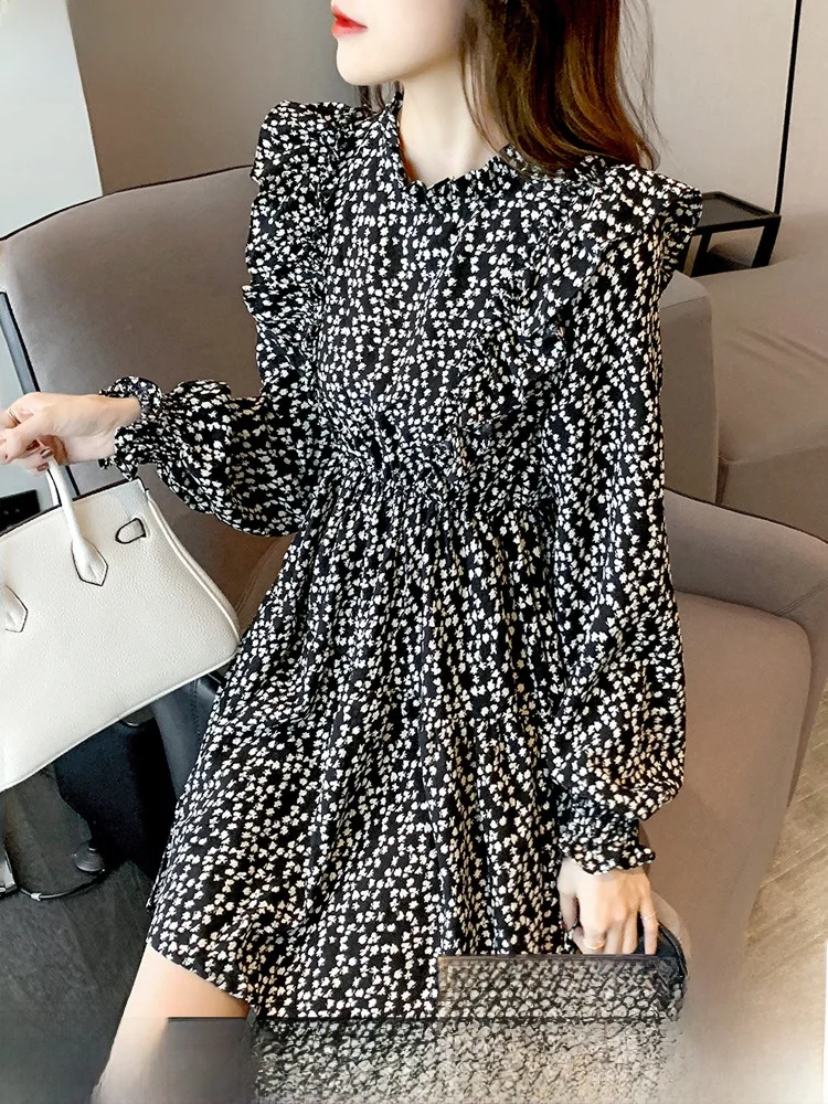 Spring Autumn Winter Floral Print Chiffon Dress Short Skirt Long Sleeve Women's Fashionable Korean Style High Waist A-Line Dress