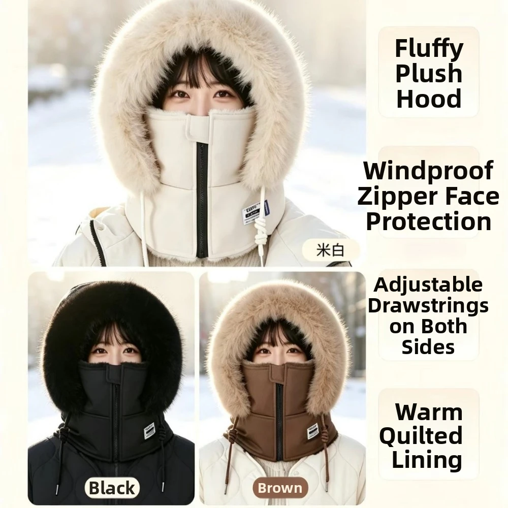 Thick Fleece Lined Winter Balaclava Hat Zipper Adjustable Windproof Full Face Neck Warmer Fluffy Faux Fur Trim Unisex Design