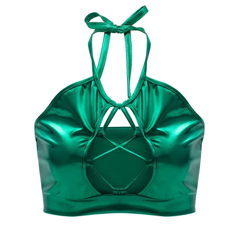 Top corto de Color caramelo para club nocturno, camisola Sexy de PU con cuello Halter, vendaje ahuecado, brillante, Pole Dance, exótico, juego de baile sexual