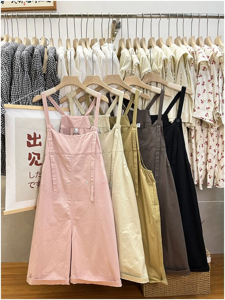 

Шикарные корейские брюки-шорты на бретелях для девочек, повседневные, с высокой талией, из хлопка, широкие штанины, антивозрастная одежда для подростков