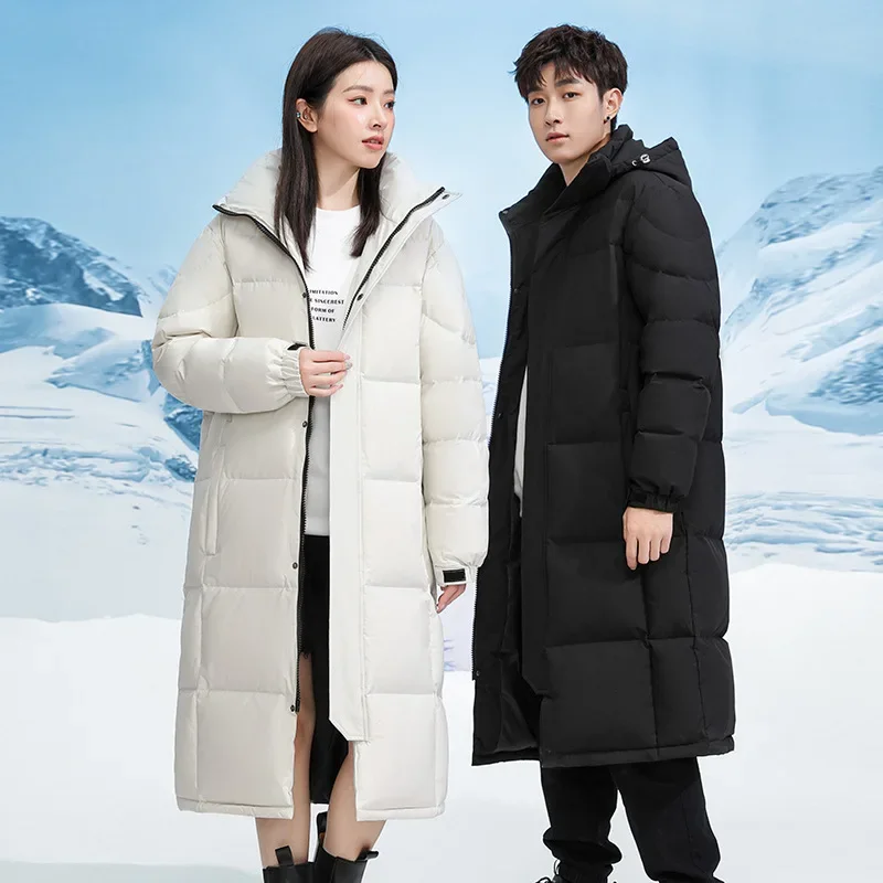 Chaqueta de plumón de pato blanco para hombre, Abrigo con capucha de alta calidad para exteriores, Parkas largas y cálidas para parejas, invierno,