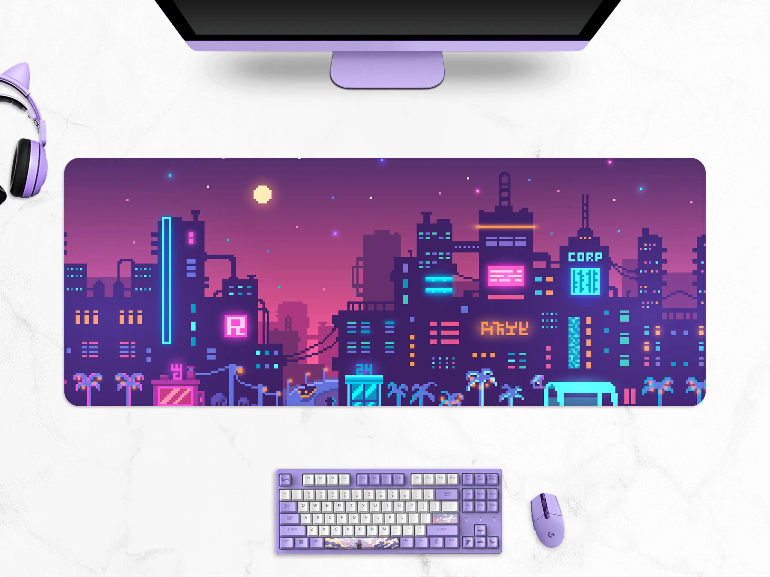 Neon Vaporwave Style Desk Mat, Tokyo Skyline Pixel Art, Purple Japanese Anime, Futuristic City Street Mousepad,gaming Mouse Pad