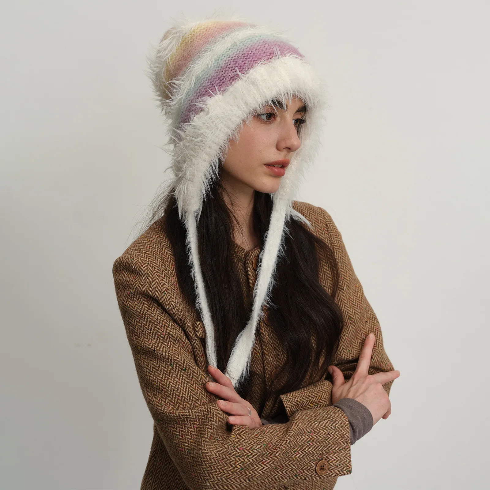 Plush Gradual Change Knitted Hat Korean Version Long Braided Cute Casual Face Small Warm Ear Protective Wool Hat Women