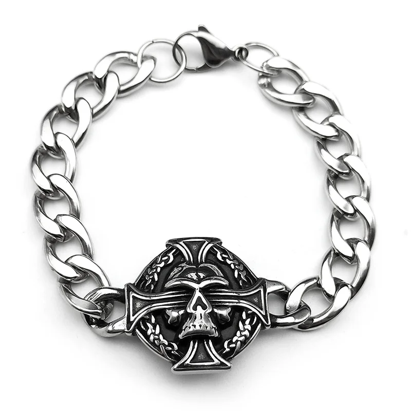 펑크 힙합 스테인리스 스틸 해골 고스트 헤드 뱅글 남성용 블랙 빈티지 남성 쿠바 체인 팔찌 쥬얼리 할로윈 선물