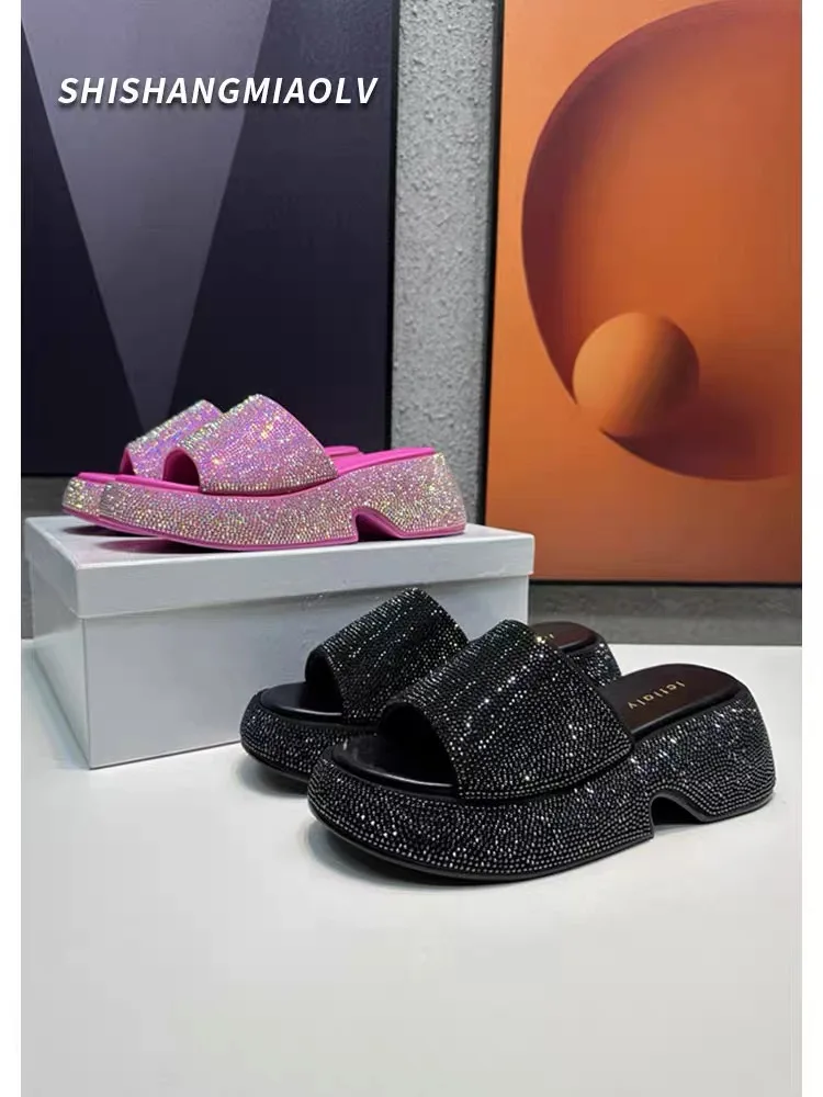 Women Luxury Crystal Slippers Outdoor Blingbling Slides Summer Shoes High Heels Unique Design Holiday Fashion Height Increase