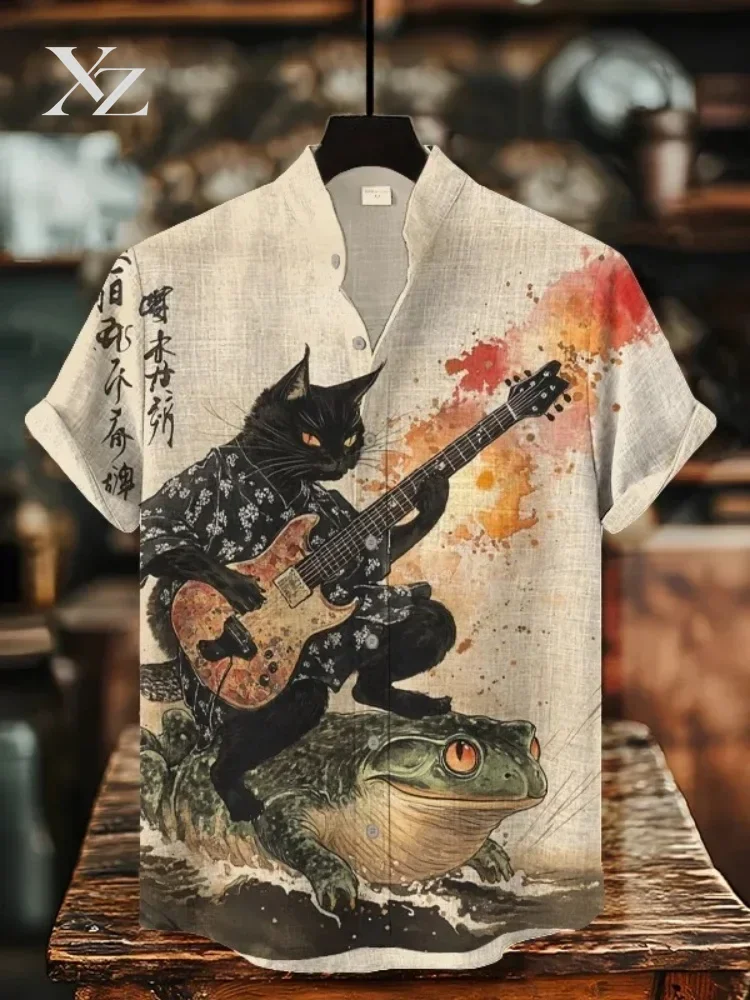 Men's Japanese Style Short Sleeve Shirt Black Cat Riding Toad Playing Guitar Print Retro Vintage 2025 Holiday Blouse Top