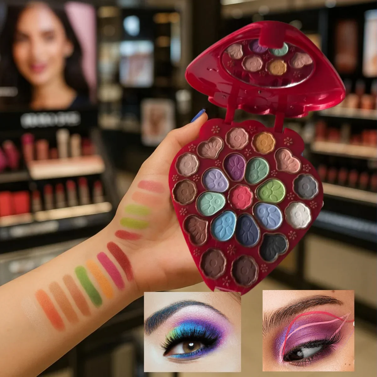 30-Color Strawberry Makeup Palette Set, 21 Eyeshadows + 4 Lip Glosses + 3 Blushes + 2 Powder Compacts (Including Brushes + Puff), Easy to Apply and Not Easy to Smudge, All in One Palette