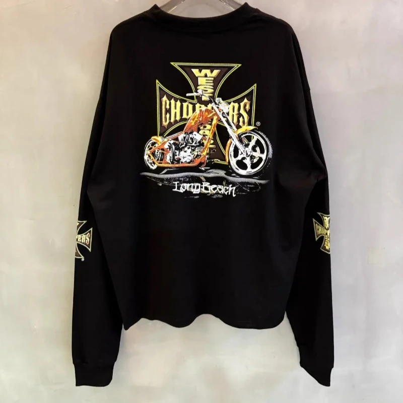 Motorcycle Print West Coast Choppers Black Long Sleeve Shirts Men Women Yellow Cross Letter Logo Hip Hop Oversized Sweatshirts