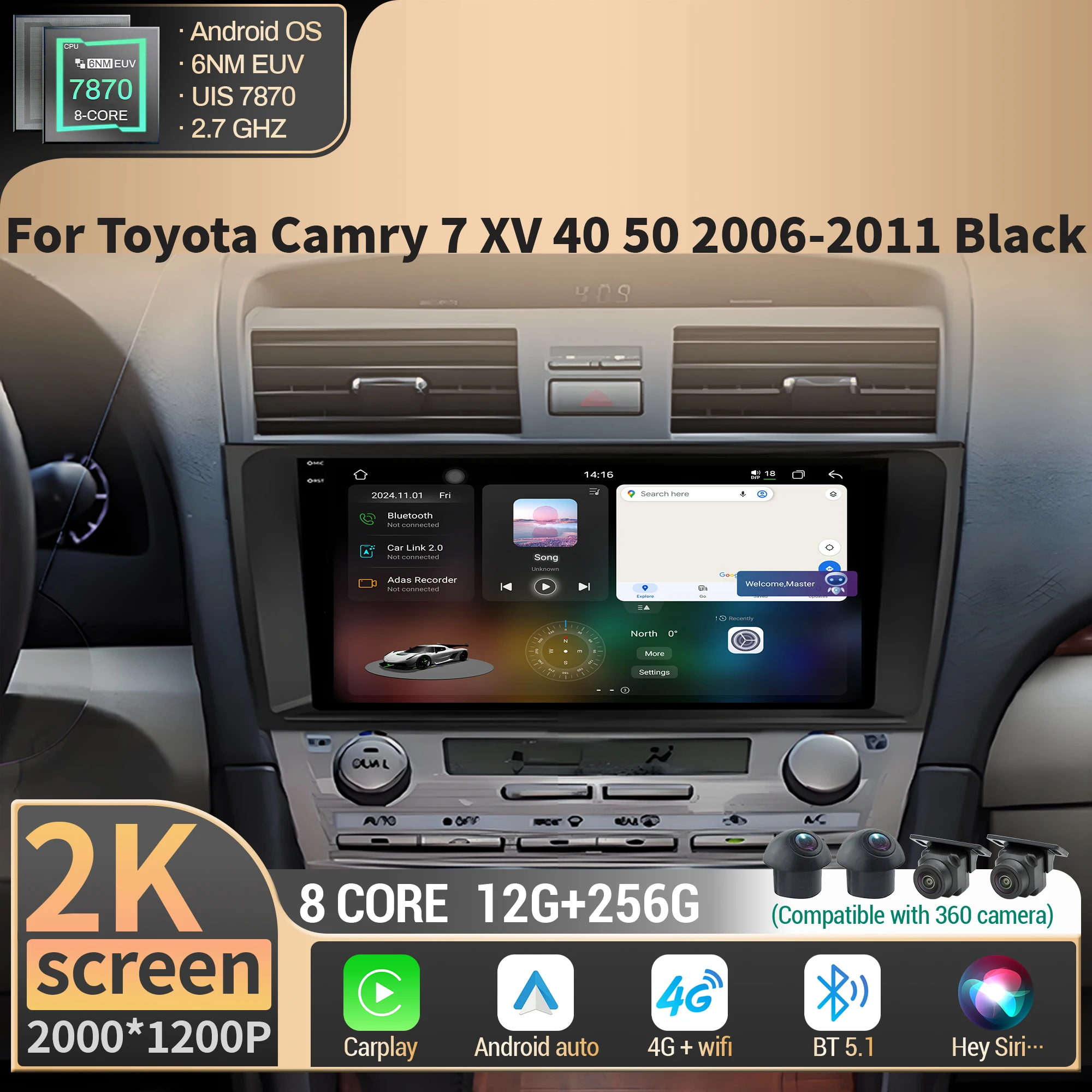 

Car Radio Multimedia For Toyota Camry 7 XV 40 50 2006-2011 Black Android Wireless BT Carplay 4G GPS CPU 7870 2K QLED Screen
