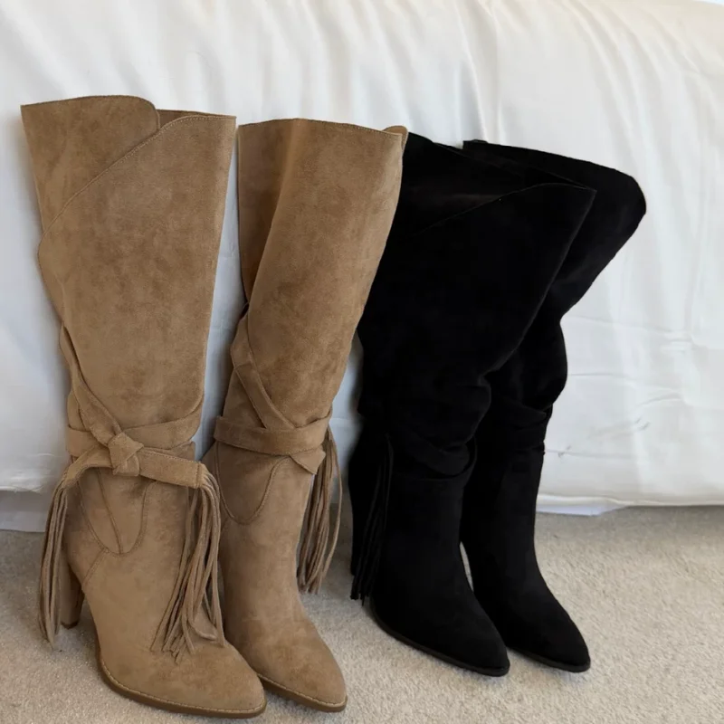 Stitching Shoes for Womens Round Toes High Heels Pleated Zapatos De Mujer Tassel Tacones Chassure Femme Solid Female Mid Boots