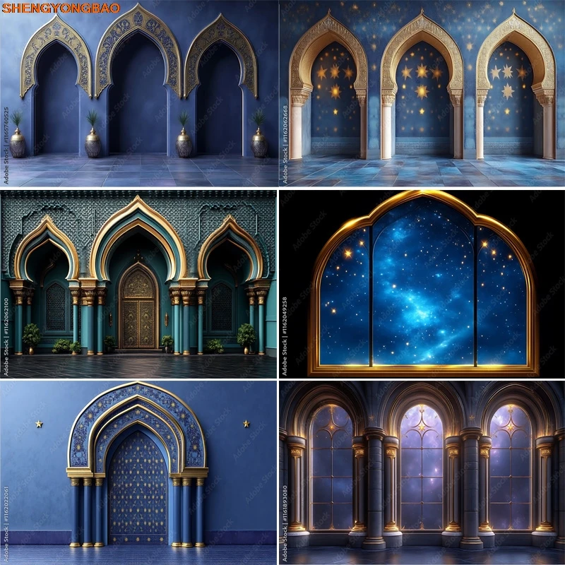 Golden Palace Interior Background Elegant Hall Marble Columns Arch Windows Luxury Weddings Banquets Photography Backdrops GK-03