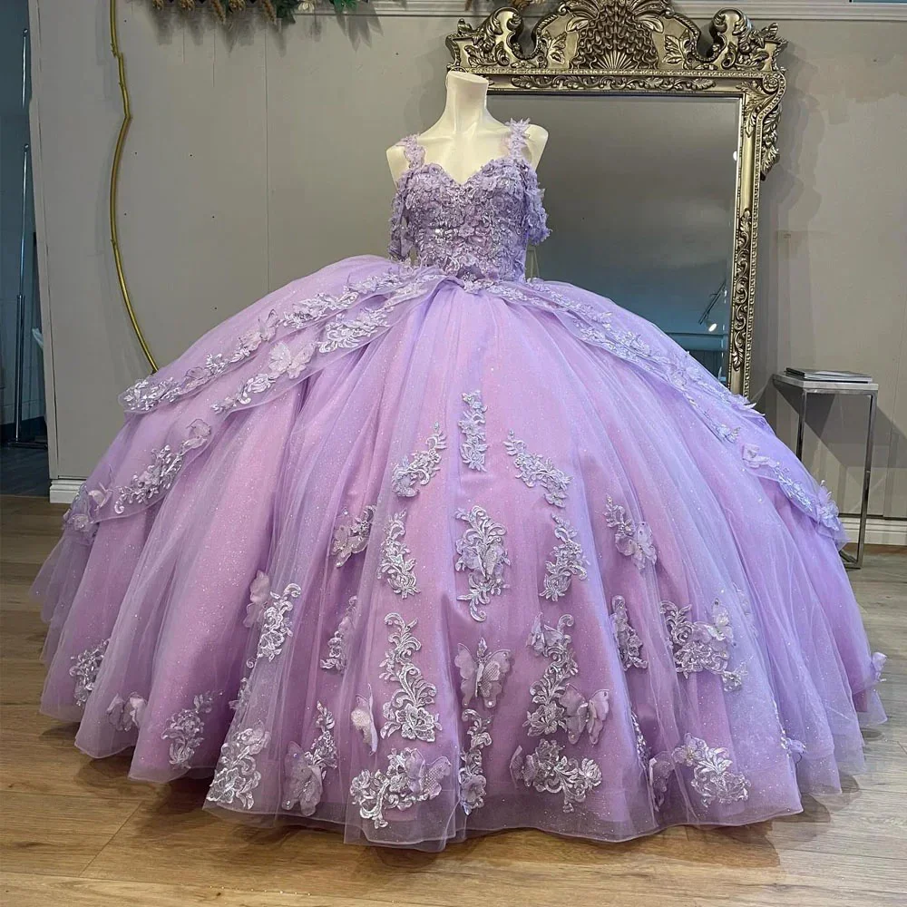 Vestido de baile lila con hombros descubiertos, traje de Quinceañera de 15 y 16 años, Apliques de encaje con cuentas, volantes escalonados, tul de princesa para cumpleaños