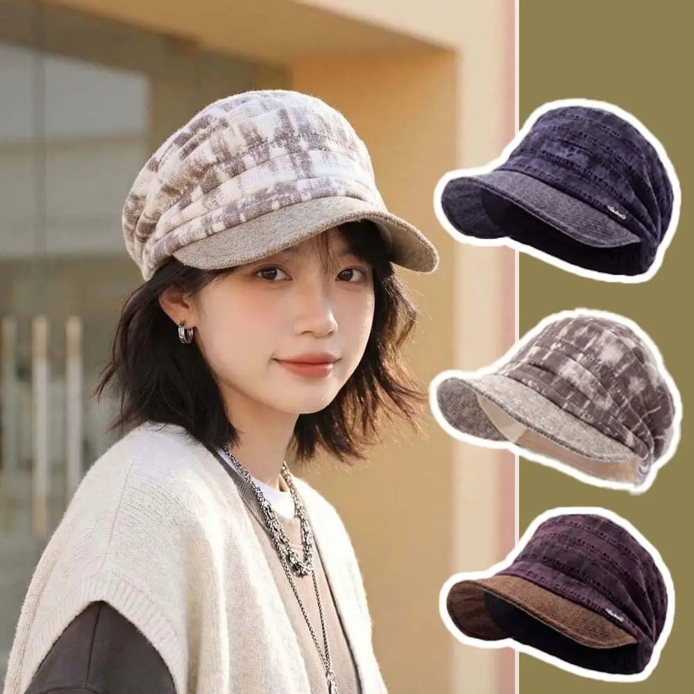 Winter Sunshade Cap Warm Plaid Newsboy Cap Soft All Match Checked Slouchy Hat Vintage Comfortable Visor Beret Cap Travel