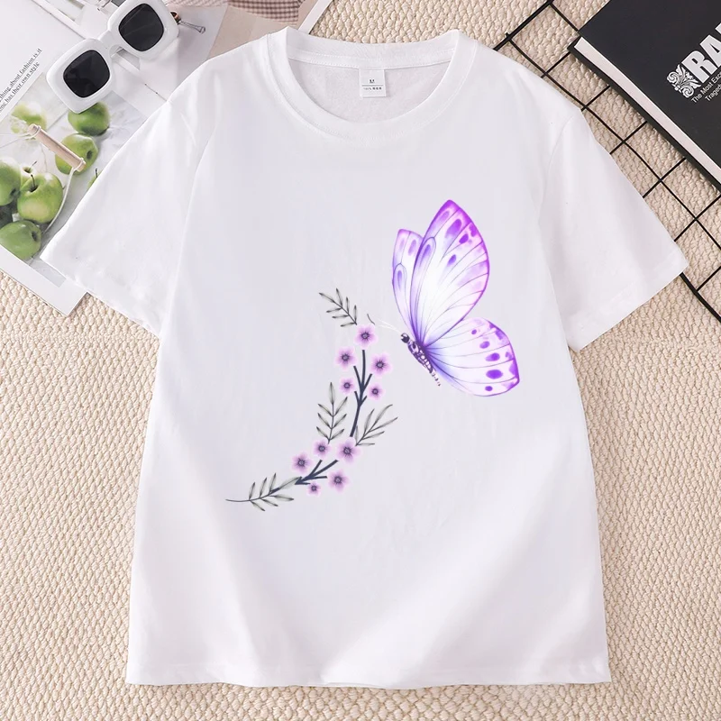 Butterfly Floral T-Shirt Women Comfort Flower Botanical Tee Graphic Tshirts Nature Aesthetic Clothing Women Summer Short Sleeve