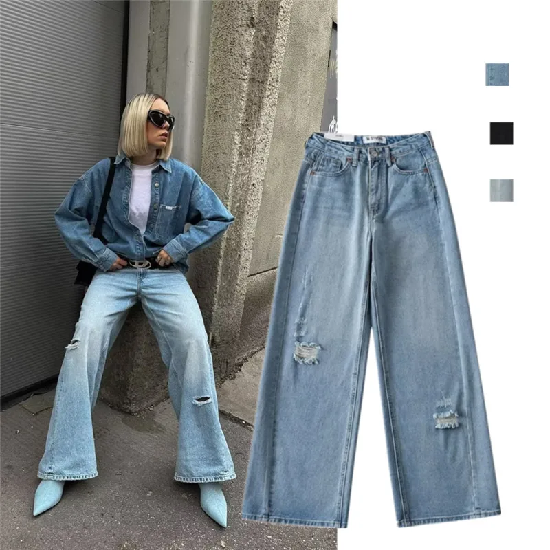 

High Waist Wide Leg Jeans Distred Hole Torn Floor Length Loose Fit Slimming Denim Long Pants for Women Autumn Season