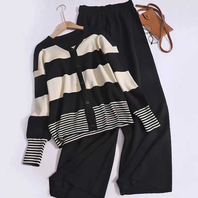 Winter New In Matching Set Elegant Women\'s Set Casual Stripe Sweater Cardigans Women\'s Long Sleeve Top Wide Leg Pants Knitwear