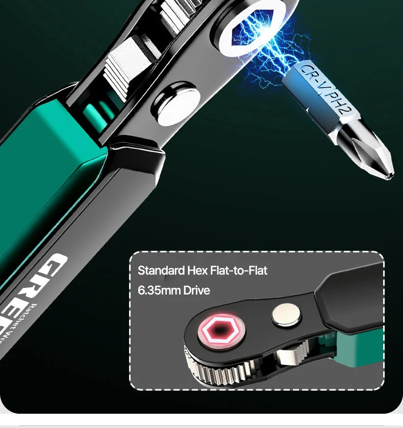 GREENER 72-Tooth Reversible Ratchet Wrench Set 1/4 Inch Hex Drive Quick Release CR-V Steel Right Angle For Auto Home Repair