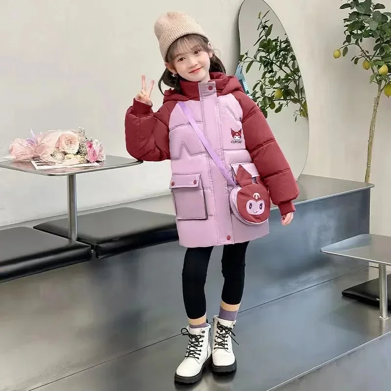 Sanrio Kuromi down Jacket for Girls 2024 Winter Teenagers Cotton Padded Warm Coat with Bag Kids Hooded Windproof Thicken Outwear