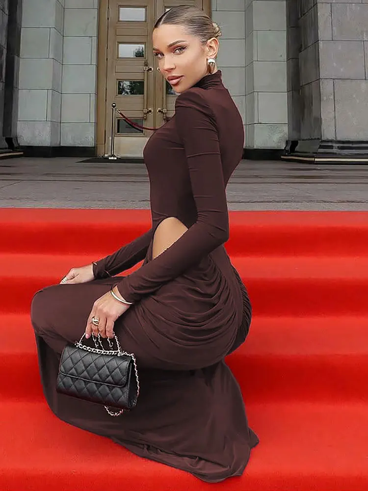 GACVGA Abito lungo sexy a maniche lunghe con collo alto da donna Elegante autunno inverno Abiti lunghi da festa aderenti con volant increspato