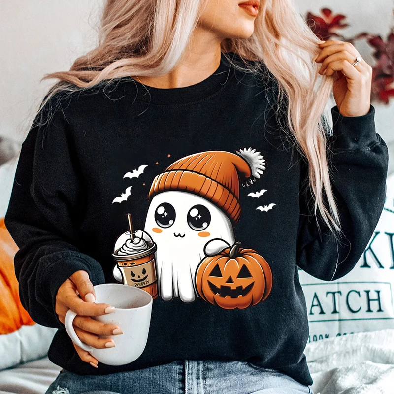 Moletons com estampa fantasma feminino com abóbora e café, gola redonda casual, mangas compridas, pulôveres de Halloween Plus, fofos