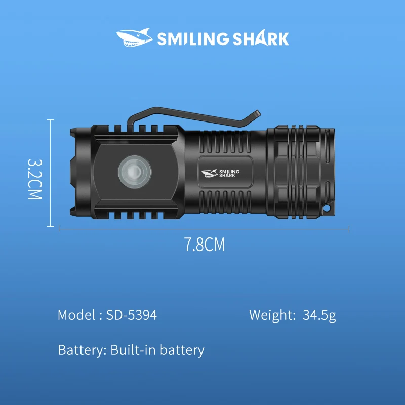 1PC SMILINGSHARK SD5394 LED Pocket Flashlight USB Rechargeable Flashlight Super Bright 3Modes Flashlight Suitable for Outdoor