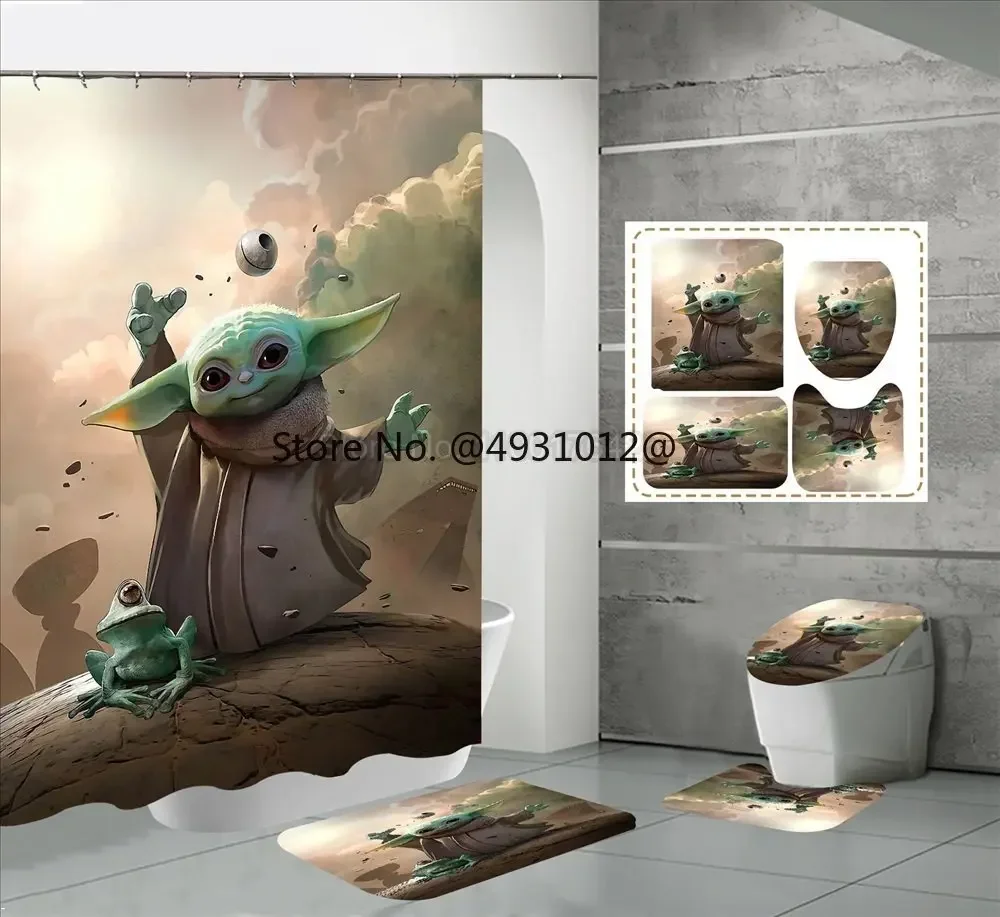 Anime Yoda Baby Cute Shower Curtain Set 4pcs Waterproof Washable Bathroom Drapes Anti-slip Rug Toilet Lid Cover Bath Mat Set