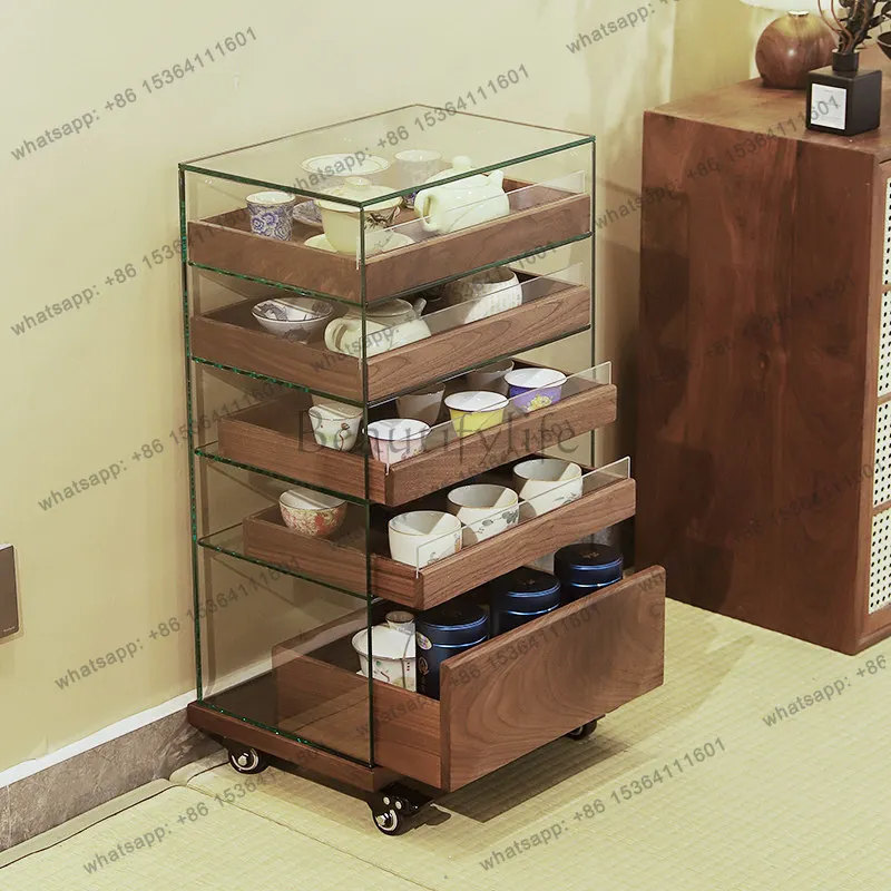 

North American black walnut glass display cabinet sofa side cabinet movable