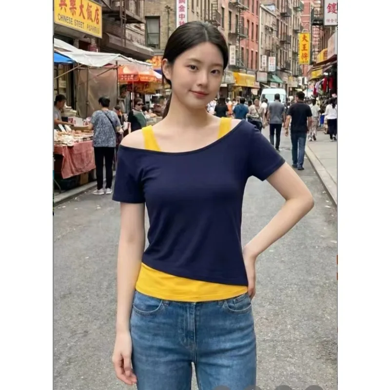 Women's Color Block Off-Shoulder Short Sleeve T-Shirt with Layered Look,Summer Slim Fit Asymmetrical Neckline Top for Daily Wear
