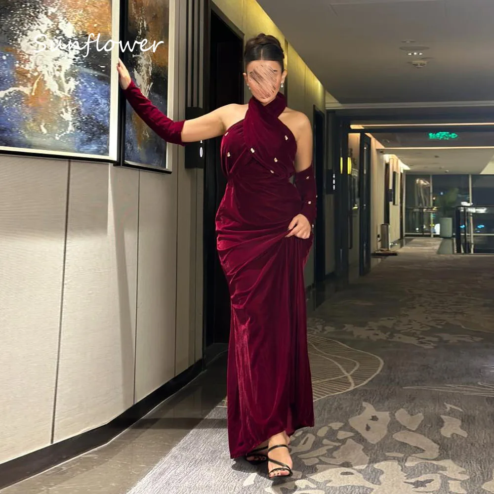 

Sunflower Customized Halter Beaded Evening Dress for Women Half Sleeves Floor-Length Formal Occasion Dress 2025 فستان سهرة