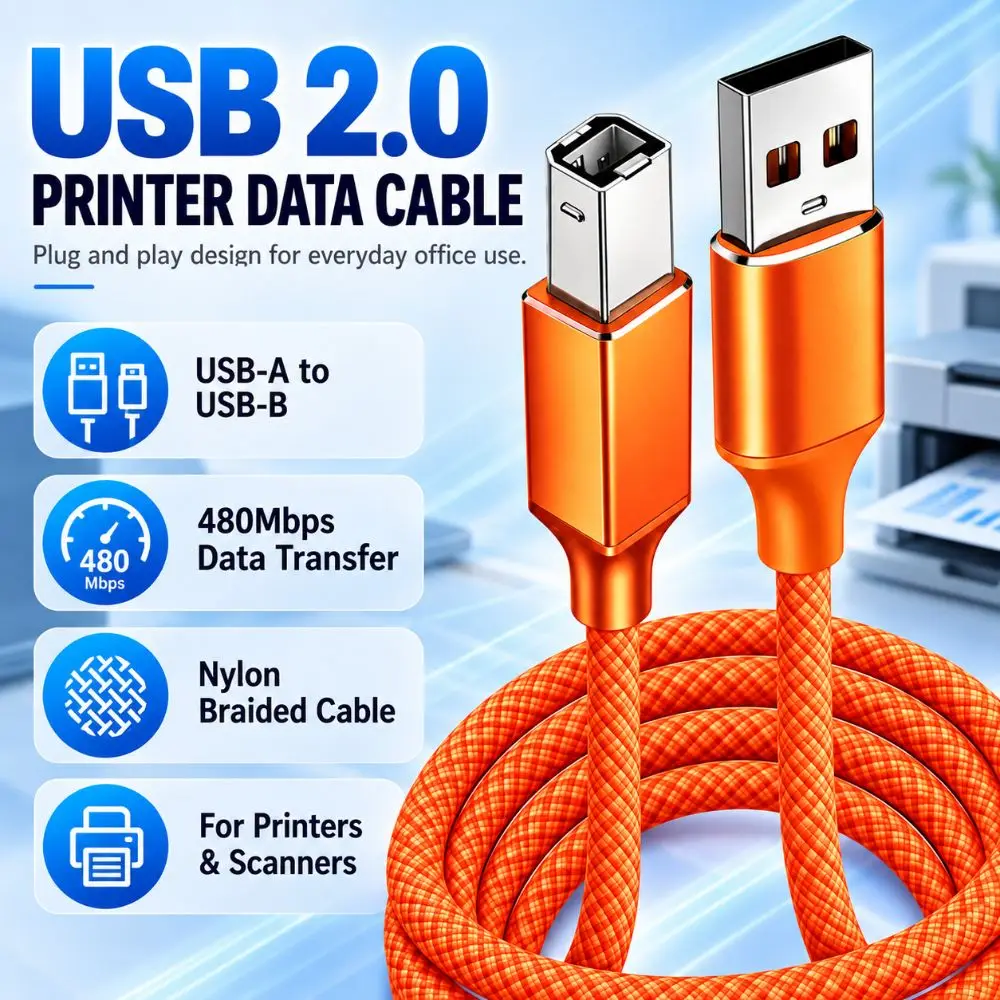USB 2.0 USB Printer Cable 480Mbps Nylon Braided USB-B Data Cord Wide Compatibility Plug And Play Scanner Connection Cable