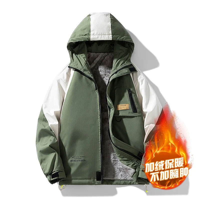 M-8XL Cargo Jacket Men Clothing Autumn Winter Fleece Coat Military Outdoor Hooded Zipper Sweatshirts Patchwork Large Size Coats - Image 3