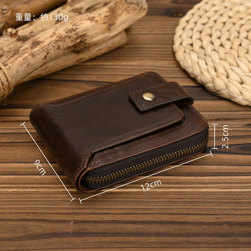 Leather Short Wallet Multi-card Zipper Wallet for Men and Women with Top Grain Leather Coin Purse Wallet