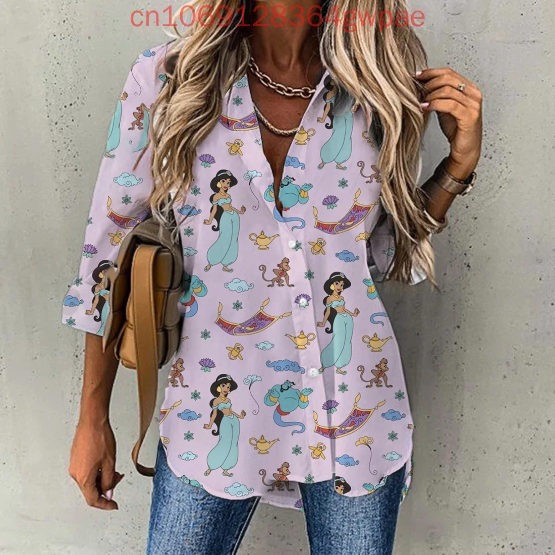 

2025 Disney Princess Jasmine Casual Blouse Women's Long Sleeve Shirt Button Cardigan Elegant 3D Breathable Women Hawaiian Shirts