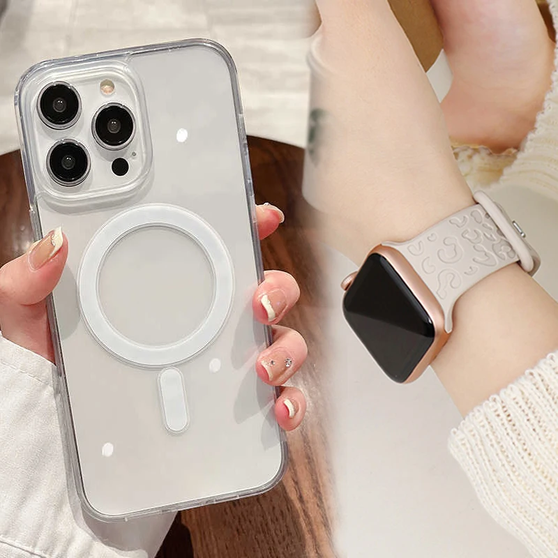 أشرطة سيليكون لساعة أبل 44 ملم 45 ملم 40 ملم 46 ملم 42 ملم سوار + حافظة مغناطيسية شفافة لهاتف أبل آيفون 16 15 برو ماكس