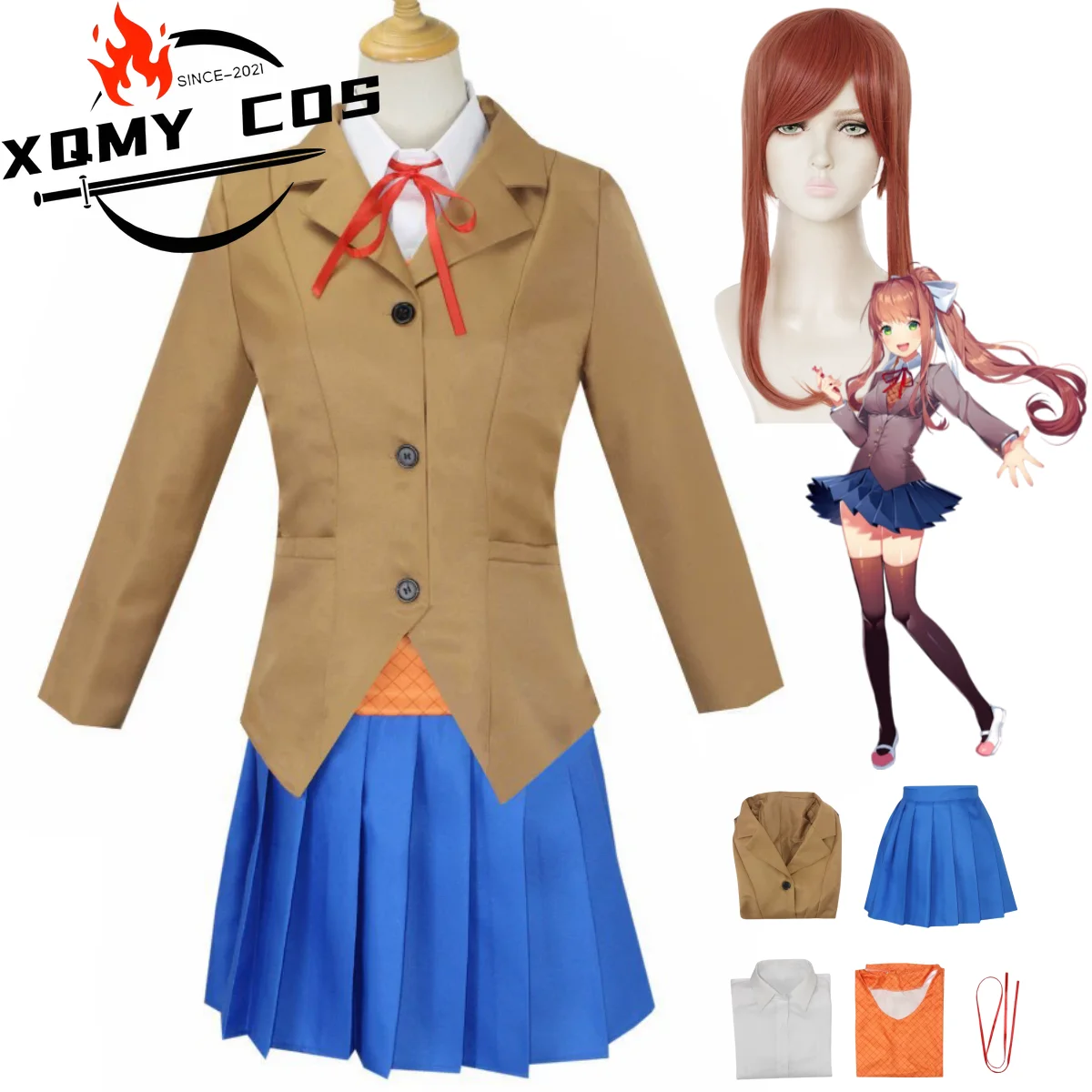 

XqAnime Doki Doki Literature Club Plus Monika Cosplay Costume Wig Japan South Korea JK School Uniform Wig Woman Kawaii Campus Su