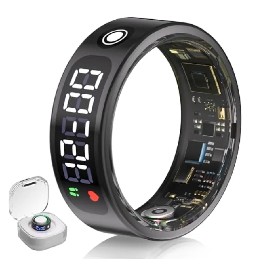 Anillo Inteligente para Hombre y Mujer con Pantalla LED Negra, Resistente al Agua 13 ATM, Tecnología 5.3+EDR, Monitor de Sueño y Frecuencia Cardíaca con Error de 0.1