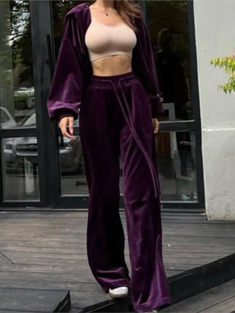 Solid Color Velvet Pants Sets Women Fashion Zipper Hoodie High Waist Drawstring Trousers Two Piece Set Female Autumn Winter New