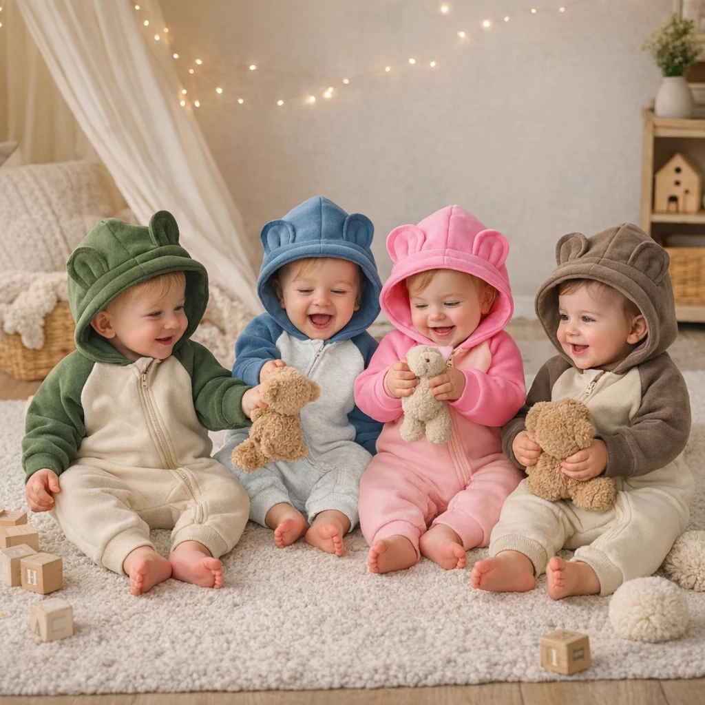 Cute Newborn Cotton Clothes Bear Ear Romper Soft Warm Zip-Up Hooded Bodysuit with Colorblock Sleeves Autumn Winter Baby Clothing