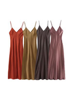 TRZA-Women's Satin Midi Dress, V Neck, Thin Straps, Backless, Female Dresses, Sexy Fashion