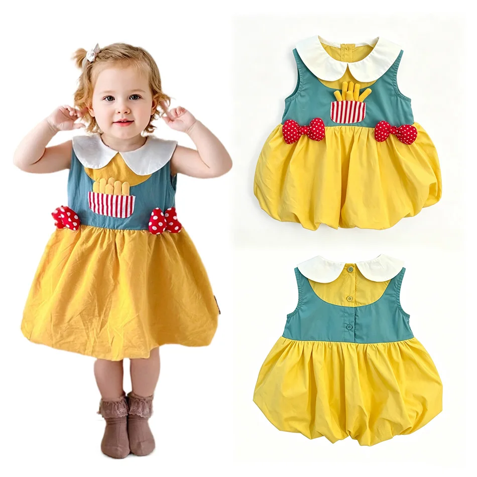 Toddler Girl Cute Princess Bubble Dress White Peter Pan Collar 3D French Fries Decor Summer Casual Party Cosplay Outfit