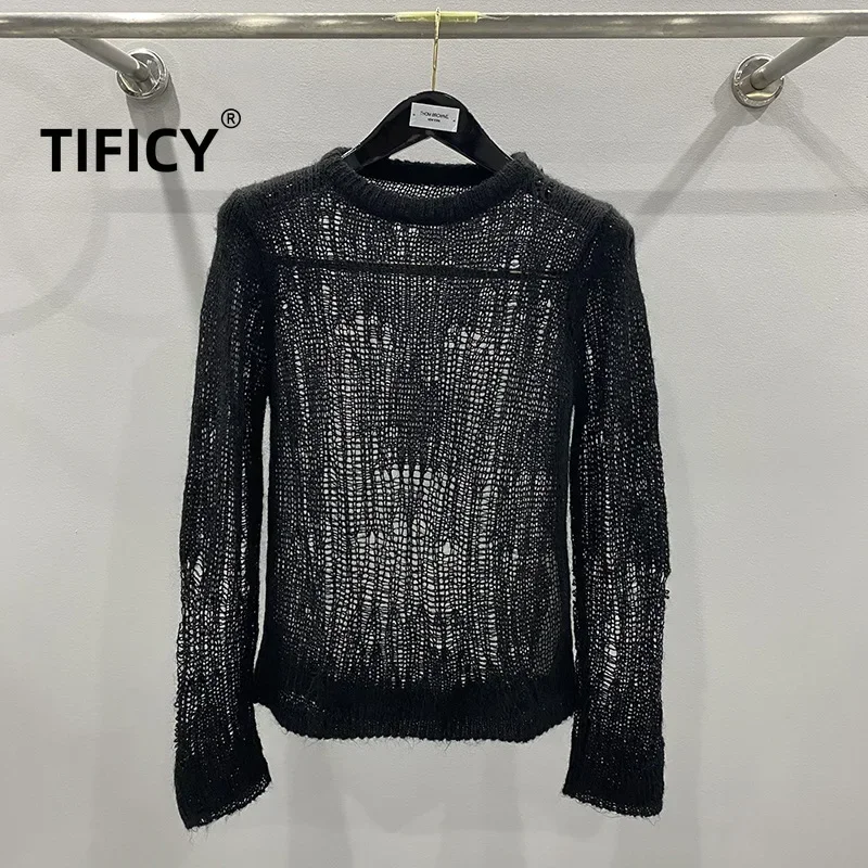 

TIFICY High Street Sweater Tops Women's Dark Mesh Hollow Knitted Mohair Comfortable Pullover Versatile Women's Jumpers