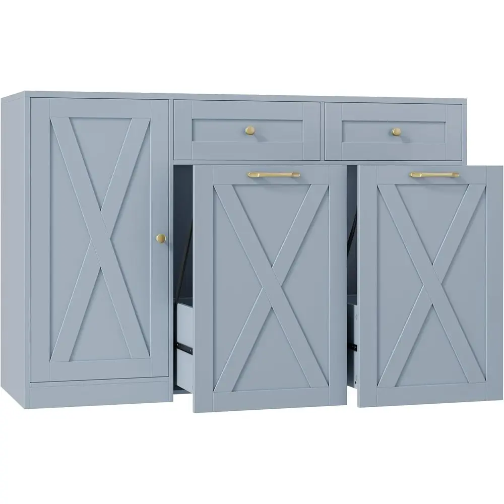 

Large 47 Double Pull-Out Trash Can Cabinet with Blue Wood Storage for Kitchen and Dining Room