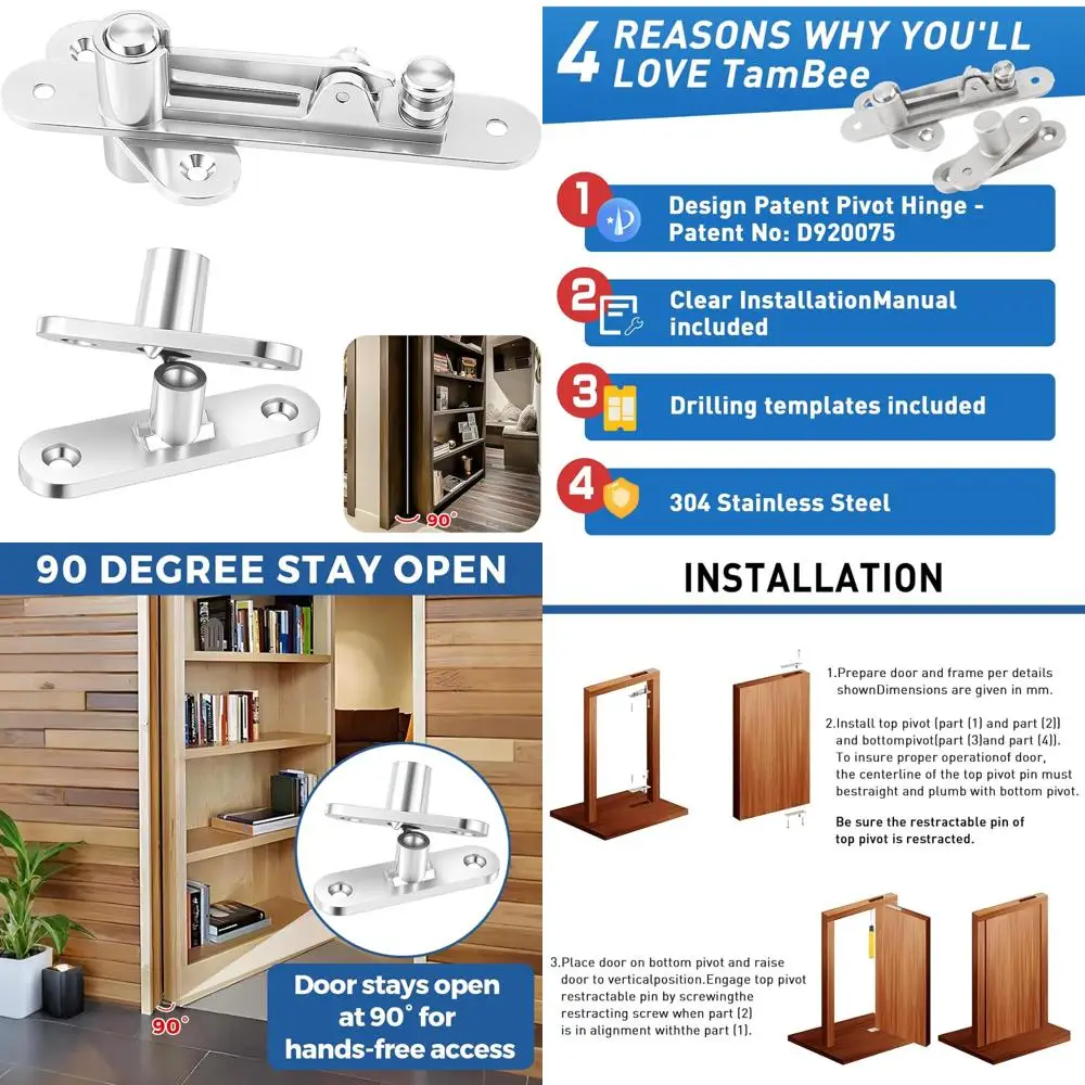 

Hidden Door Pivot Hinge with Locking Feature, 304 Stainless Steel, Rust-Resistant, Supports 330 lbs, Opens to 90 Degrees