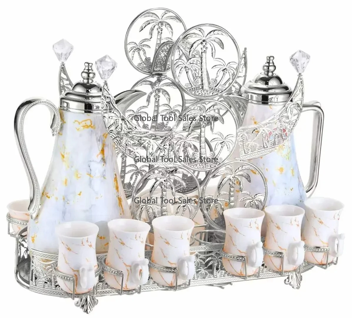 Arabic Style Ceramic Golden Tea Set – Insulated Teapot, Milk Pot & Porcelain Cup Saucer (Gold Coffee Cups Included)