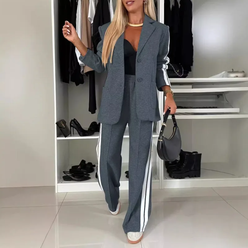 2024 Patchwork Fashion Pant Suits Women Button Long Sleeve Blazer Coat Striped Pant 2 Piece Sets Solid Color Office Lady Outfits